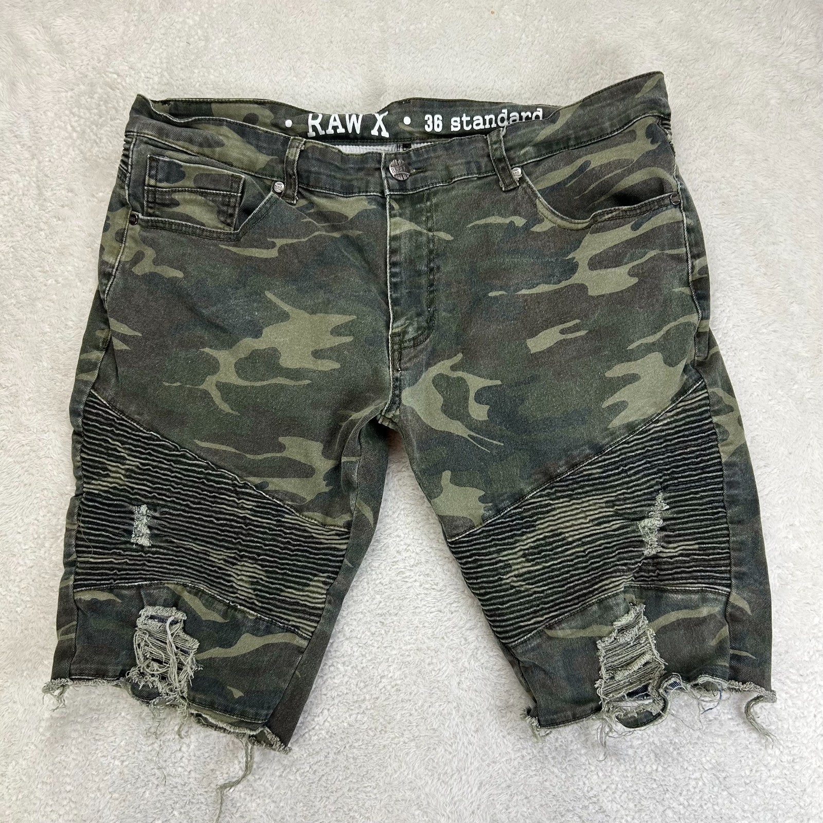 Vintage Raw X Moto Shorts Mens 36 Standard Green Camouflage Distressed 5-Pocket 