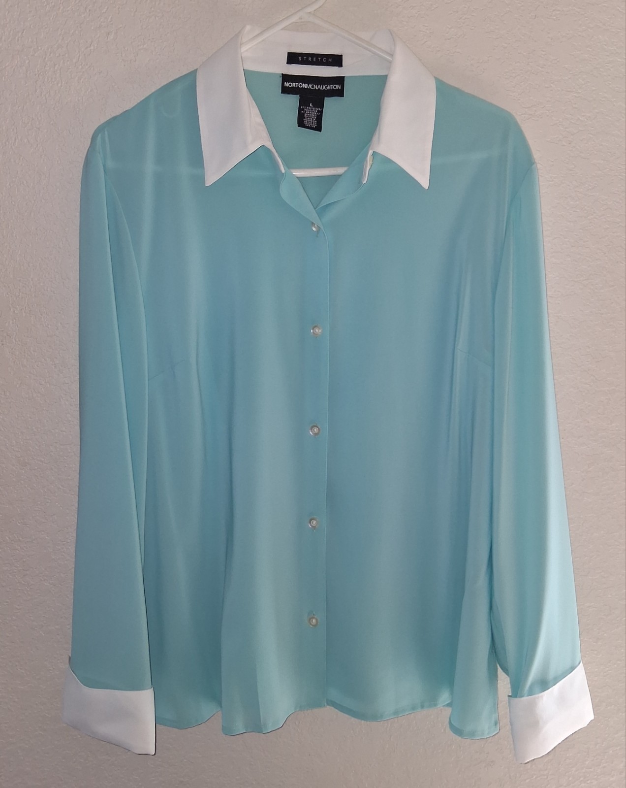 Vintage 90s Norton McNaughton Blouse Large Aqua Blue Contrast White Collar Cuffs