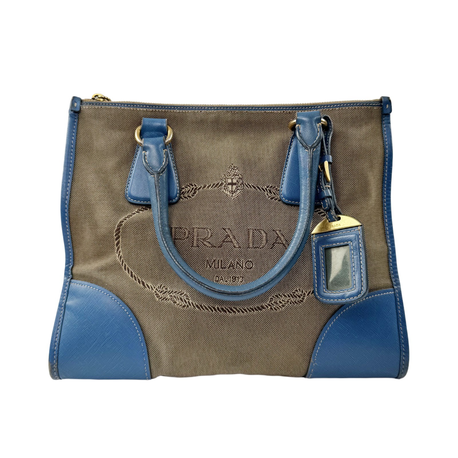 Authentic Pre-owned Prada Logo Canvas Blue Saffiano Leather Trim Tote Handbag
