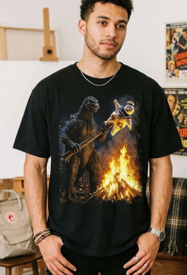 Godzilla Roasting Stay Puft Marshmallow Man Shirt Funny Vintage T-Shirt Gift
