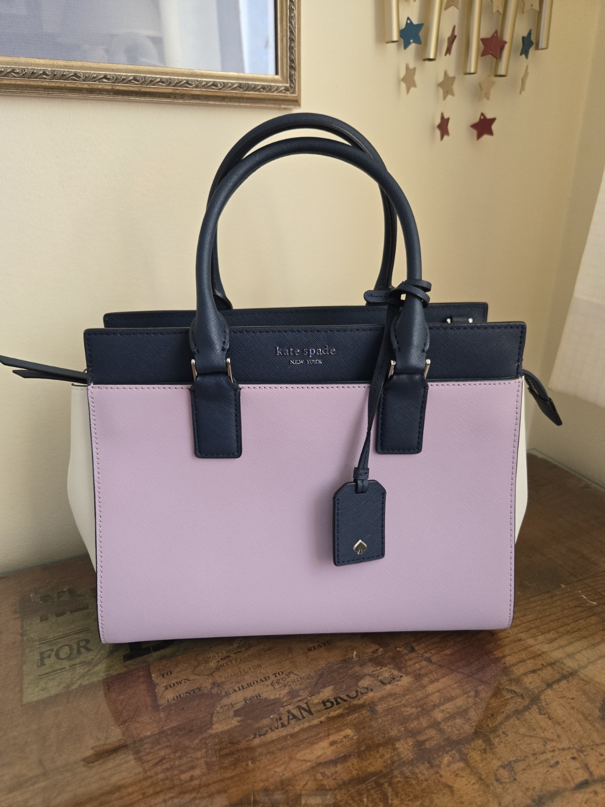 Kate Spade - Medium Cameron Satchel Purse Lavender  / Navy / Cream Excellent