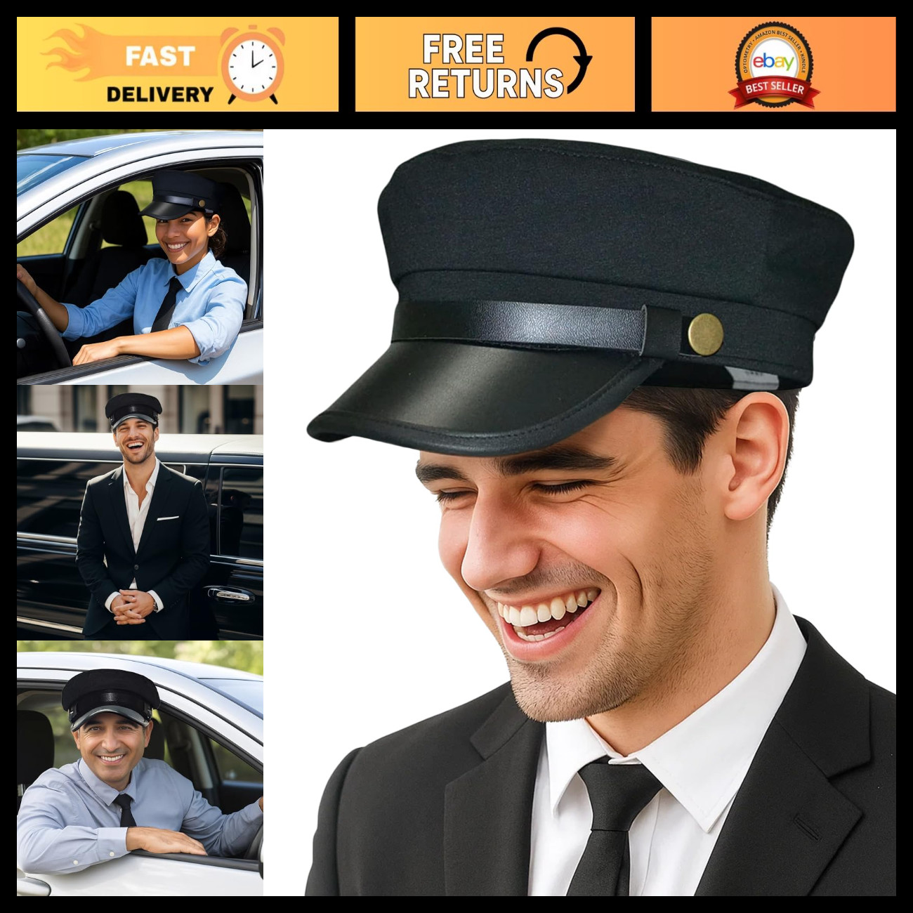 Deluxe Black Chauffeur Cap | Limo Driver Hat | Adult Costume Accessory | Standar