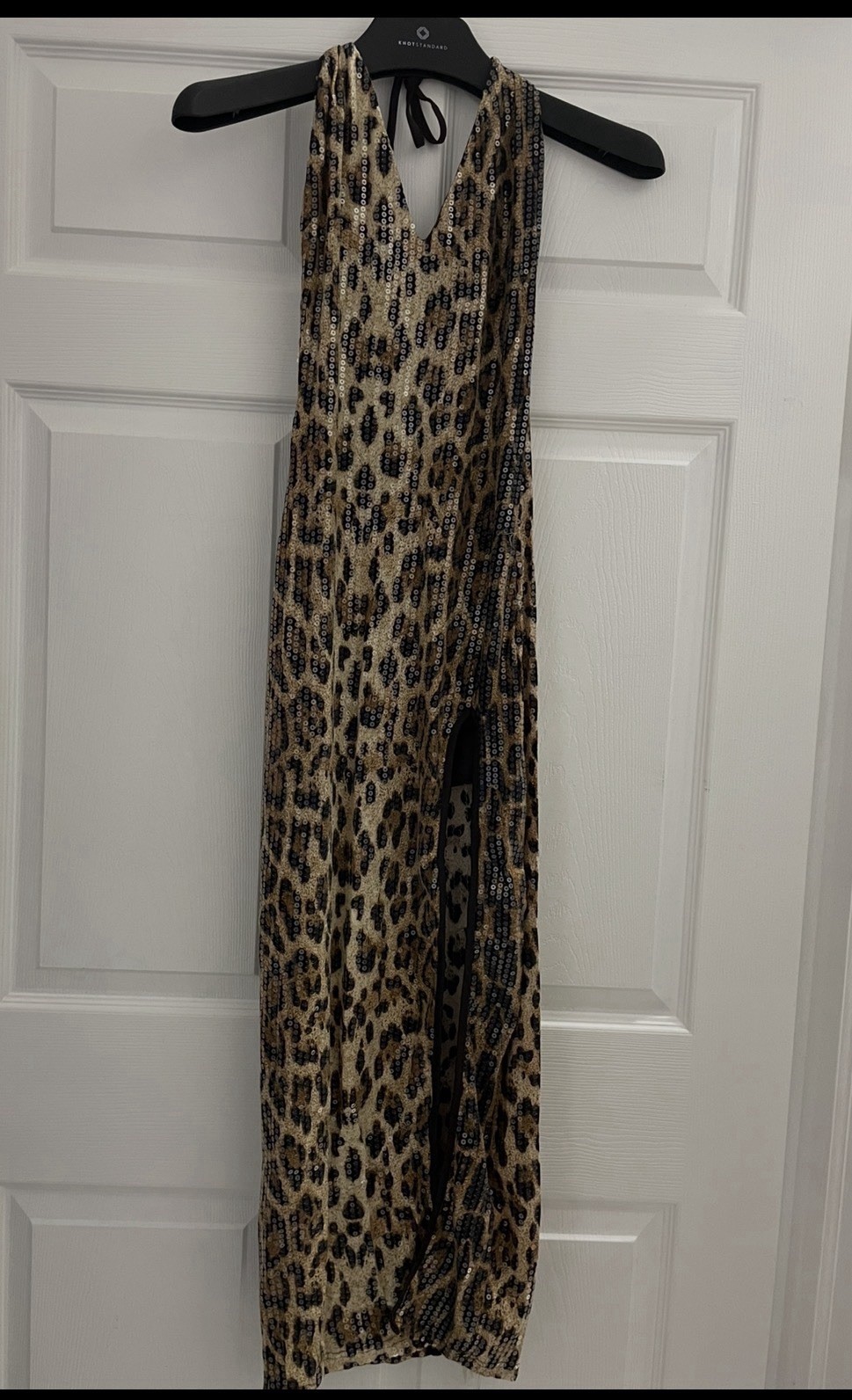 Women\'s Leopard Print Sequin Dress - Halter Neck, Open Back Style Size (S)