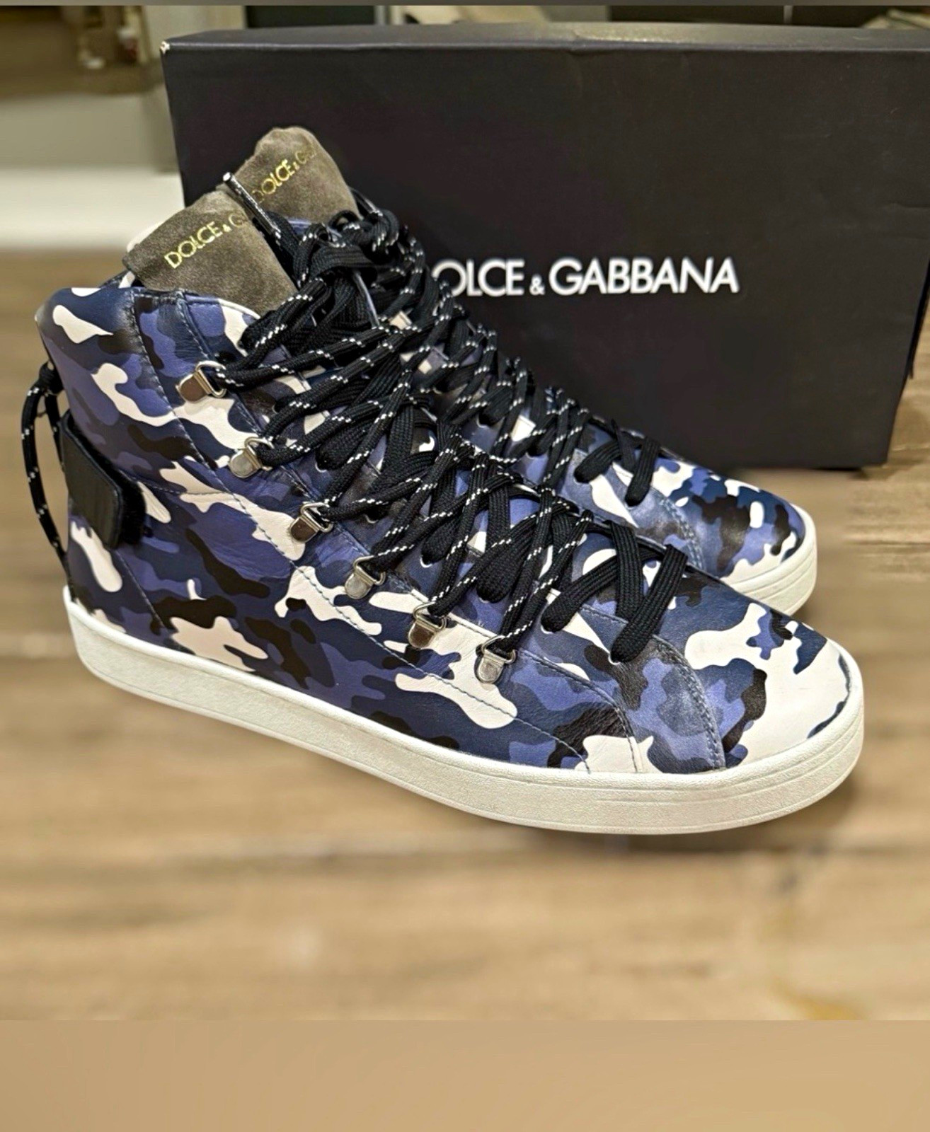 Dolce & Gabbana Men\'s High Top Camo Sneakers Lace Up Zip Blue  10.5US 9.5UK