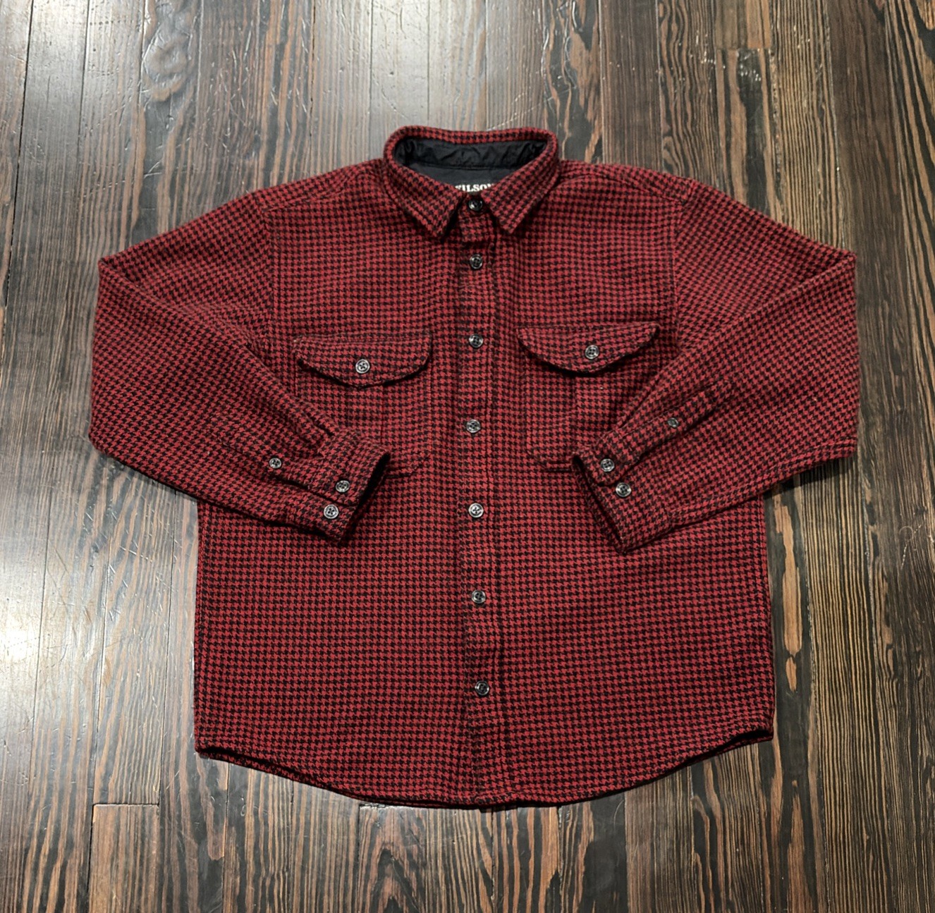 C.C. Filson Shirt Jacket Men’s Large Red Black Houndstooth Wool Nylon 