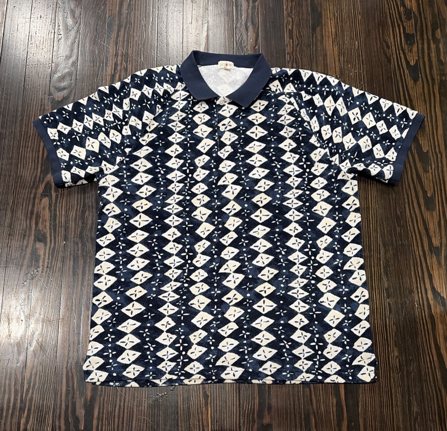 J. Crew Terry Cloth Polo Shirt Men’s XL Blue White Geometric Cotton 