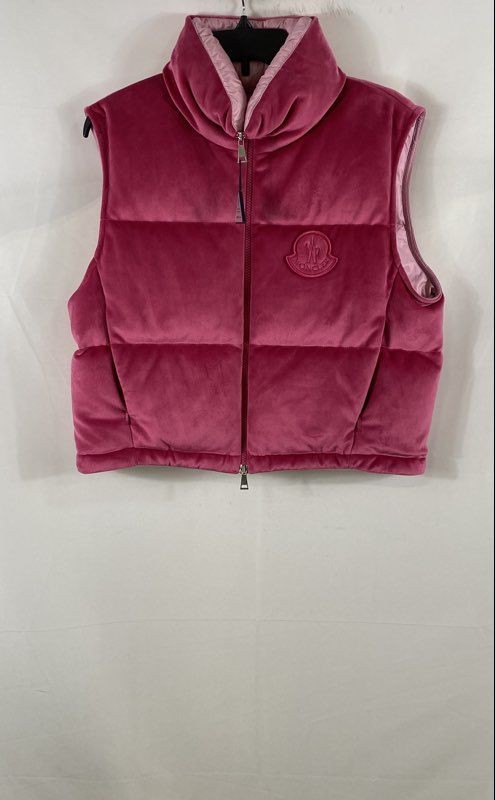 Moncler Women\'s Pink Velvet Puffer Vest Quilted Down Full Zip Sz 2
