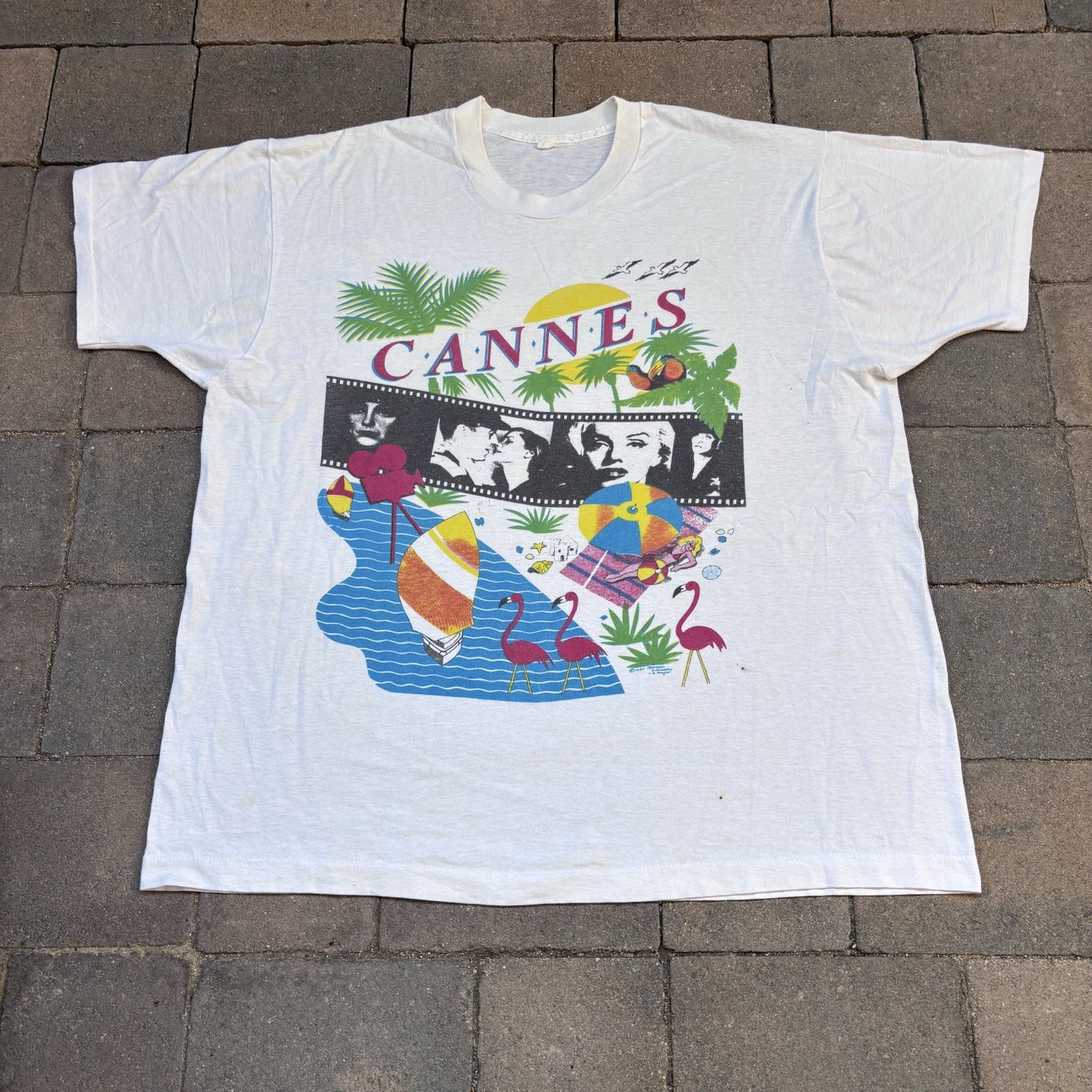 Vintage 1987 Original Festival Du Film Cannes White Graphic T-Shirt Tee Size XL