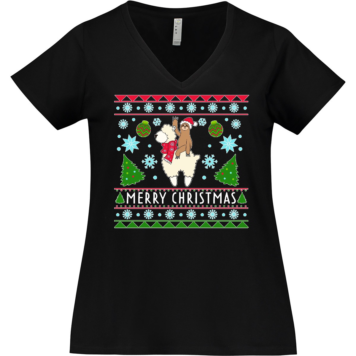Inktastic Merry Christmas Sloth And Llama Ugly Sweater Women\'s Plus Size V-Neck