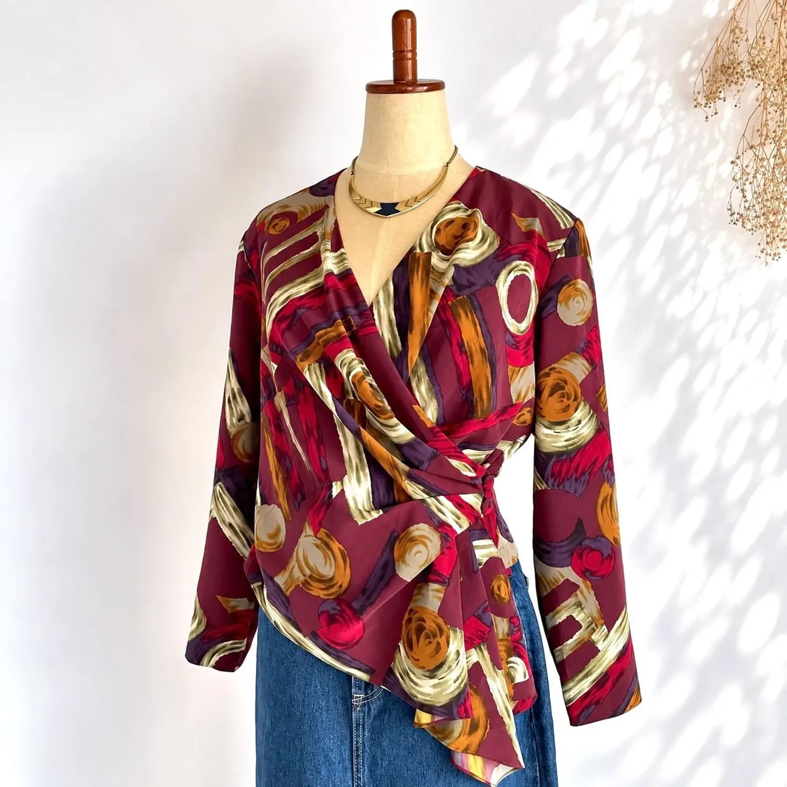 VTG 80s Japanese Scarf Print Wrap Blouse Top Womens Burgundy Abstract Surplice