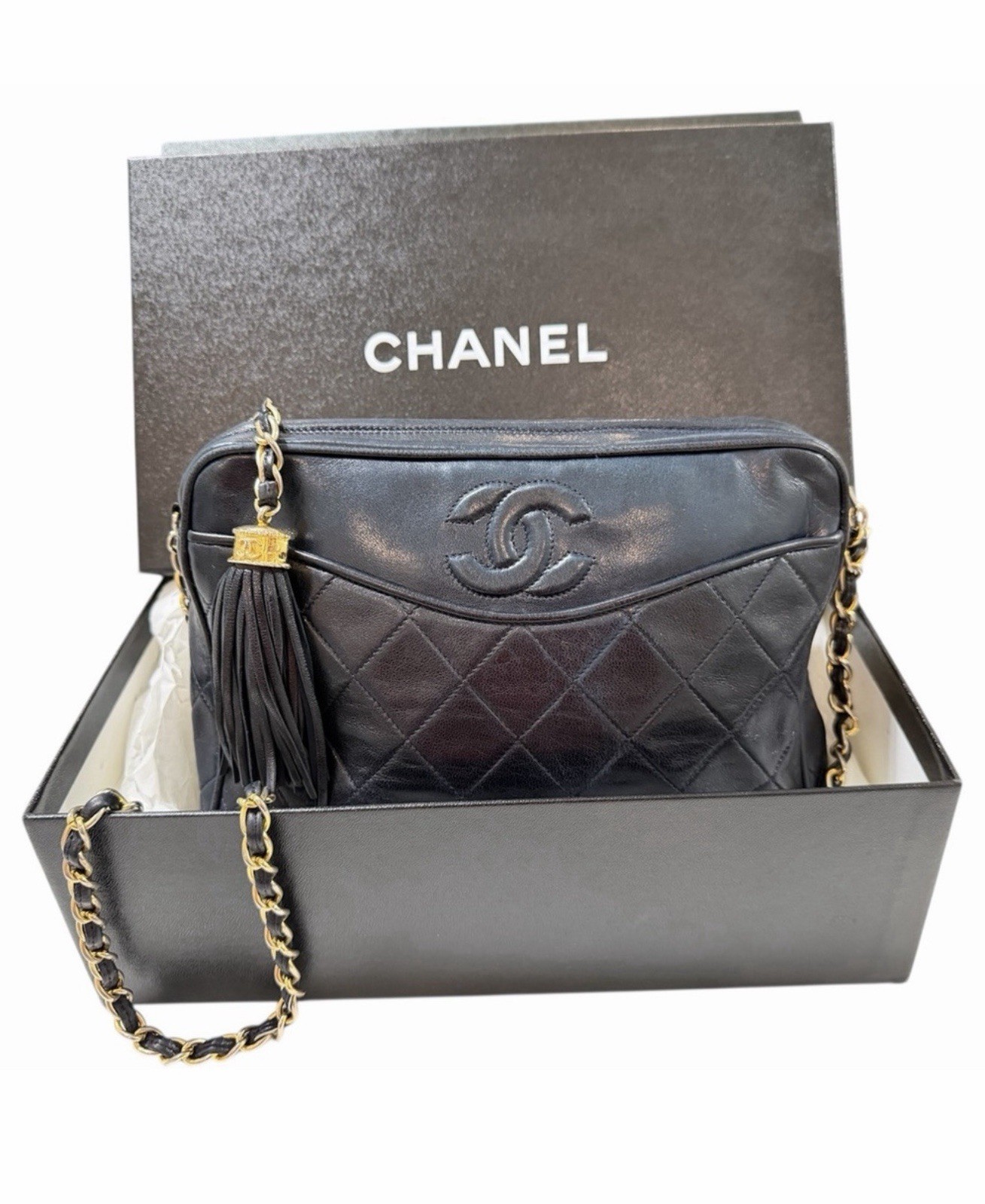 CHANEL Vintage Black Leather Shoulder Bag