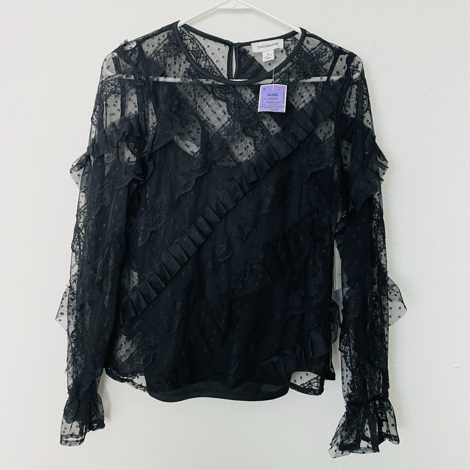 Calligraphie black sheer lace dobby dot long sleeve blouse ruffle Gothic M NEW