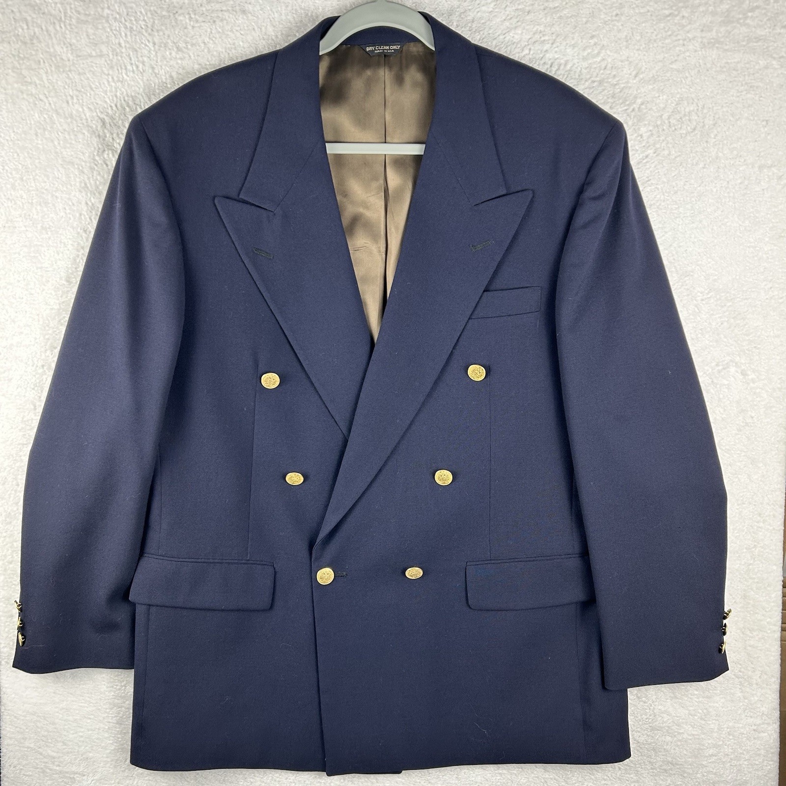 VTG 80s Bill Blass Blazer 43L Navy Gold Button Double Breasted Wool Sport Coat