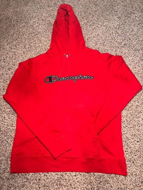 Vintage Style Champion Red Script Logo Hoodie L