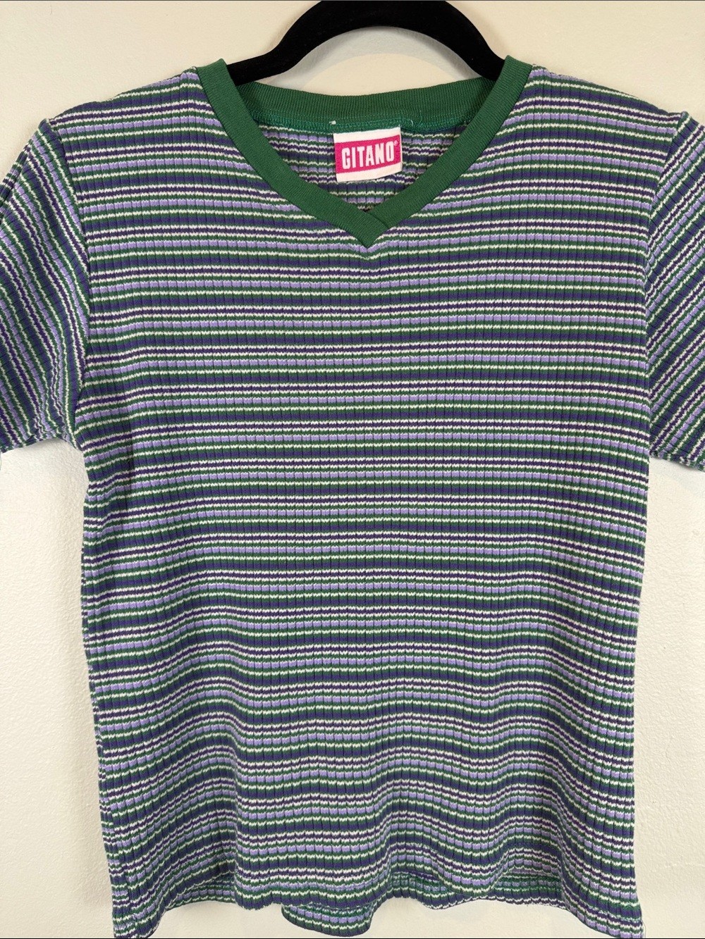 ✨VTG Gitano Striped V-Neck Rib Knit Shirt Retro Purple Green Girl 14/16 Fits S