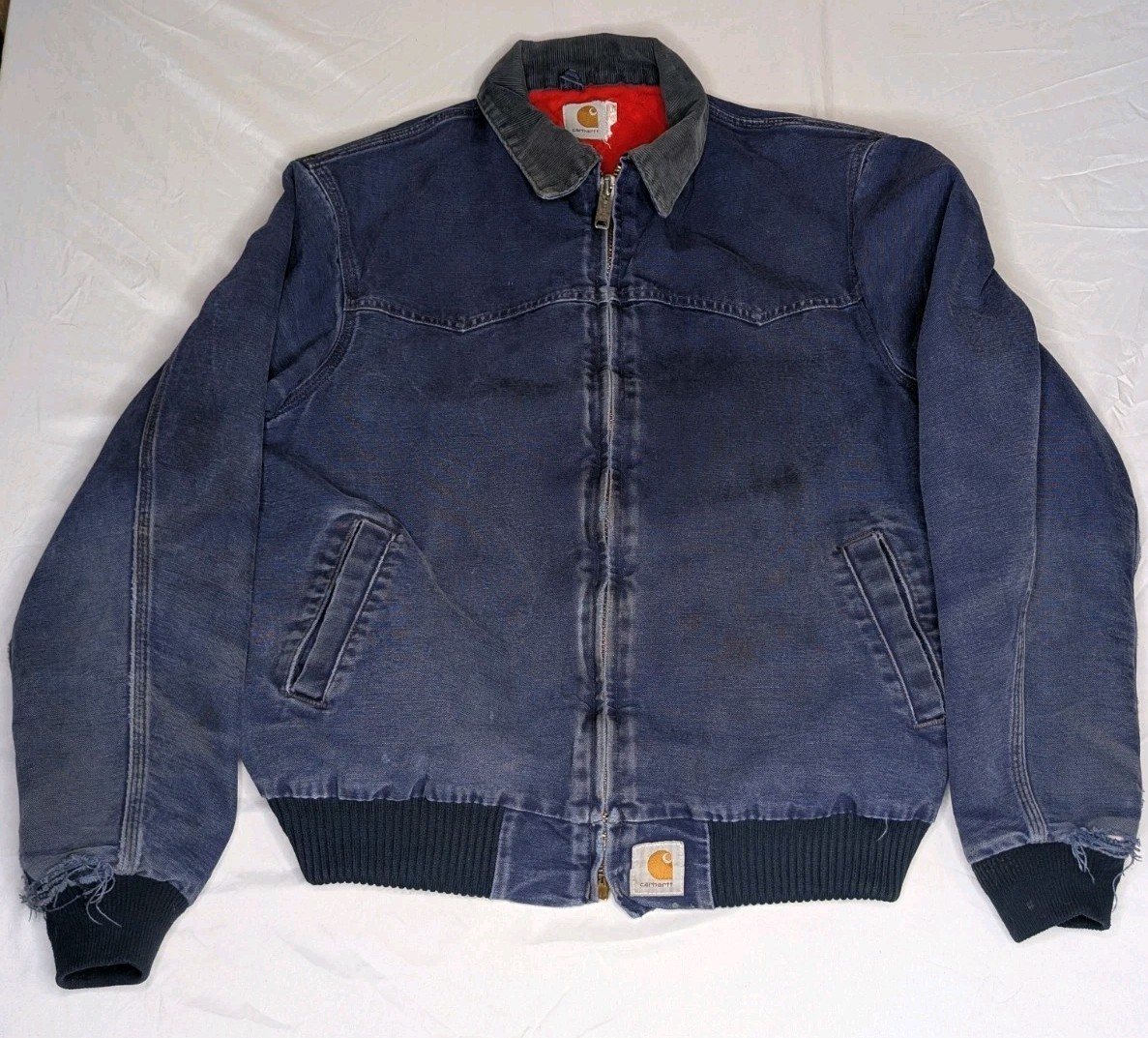 Vtg Carhartt J14 MDT Santa Fe Jacket Navy Blue Red Quilt Lined Distressed XL   