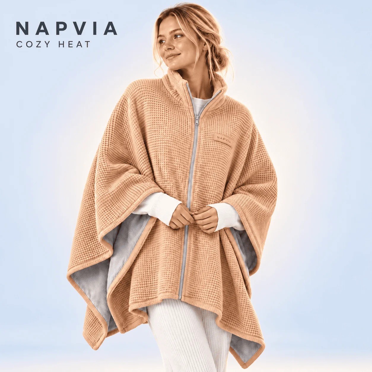 USB Powered Heated Knit Shawl Wrap w/ Zipper, Beige/Dual-Sided 150x80cm