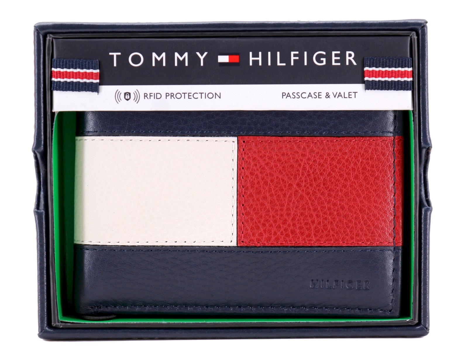 Tommy Hilfiger Men\'s Premium Leather Double Billfold Passcase Rfid Wallet Navy