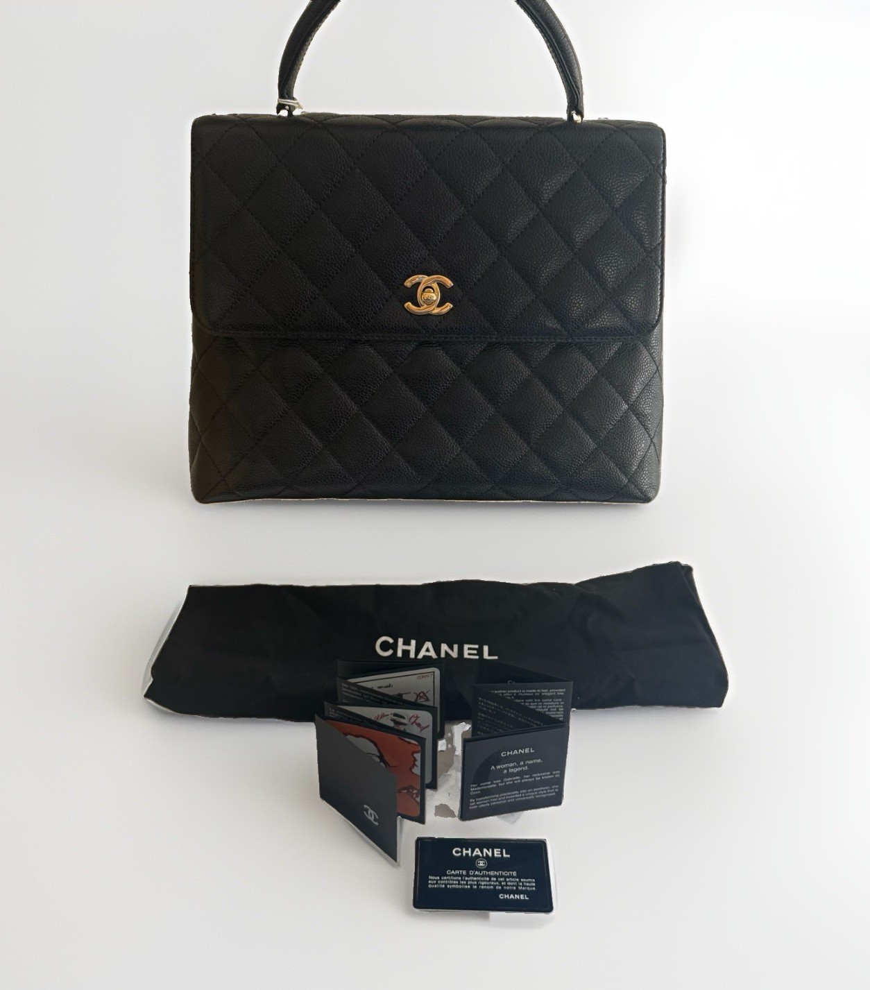 Authentic Vintage Chanel Chevron Top Handle Leather Bag With ID Cards & Dustbag