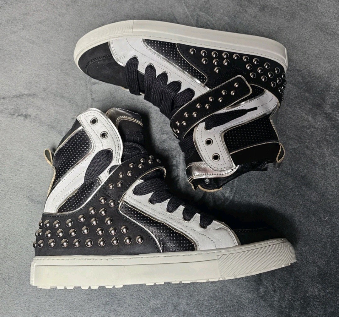 DSQUARED2 Studded High Top Sneakers Black White Silver Leather EU 43 US 10 Italy