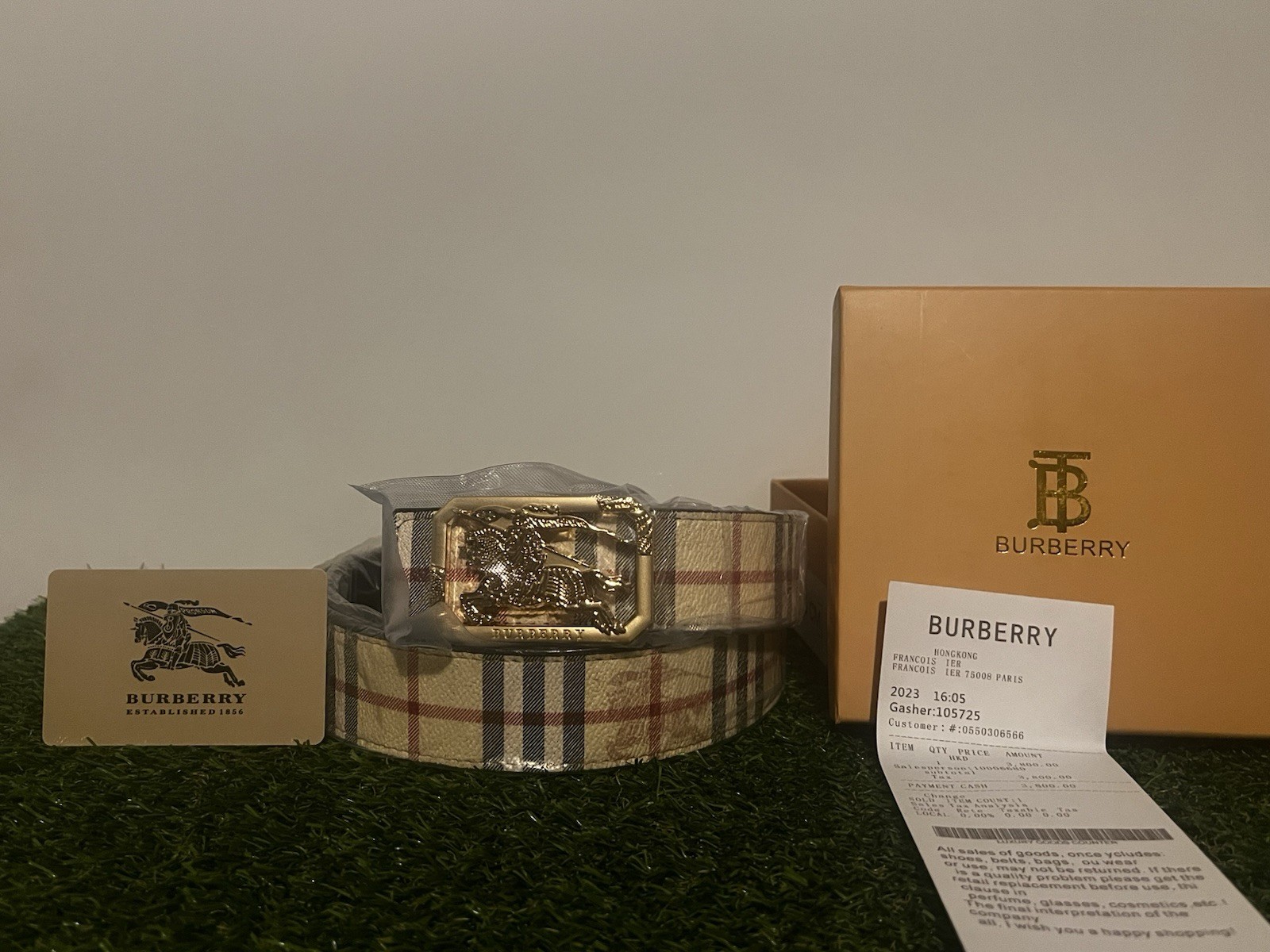 Burberry Men’s Beige Check Dress Belt Adjustable Gold-Tone Buckle