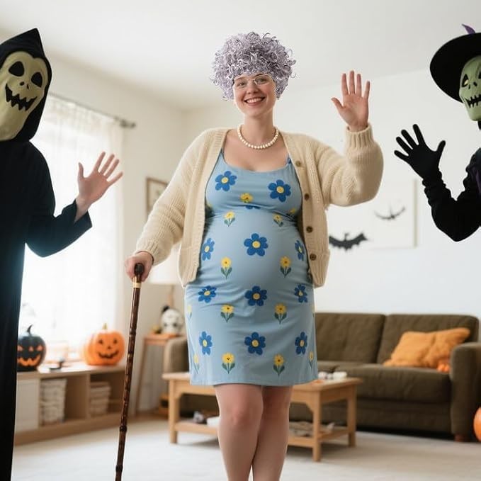 4 Pcs Halloween Christmas Fat Old Lady Costume Fake Belly Chest Suit Granny New