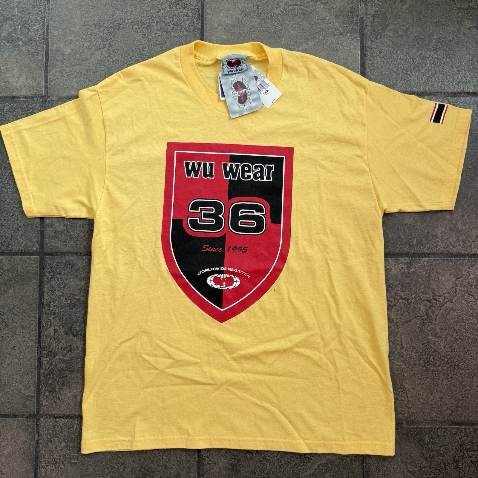 Vtg 90s Wu Wear Shirt Size Large Rap Hip Hop 36 Crest Yellow DEADSTOCK