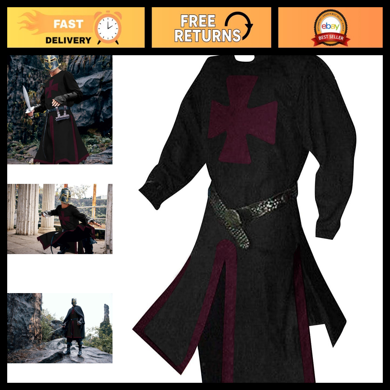 Medieval Crusader Costume for Men - Templar Knight Tunic, Retro Halloween Cospla