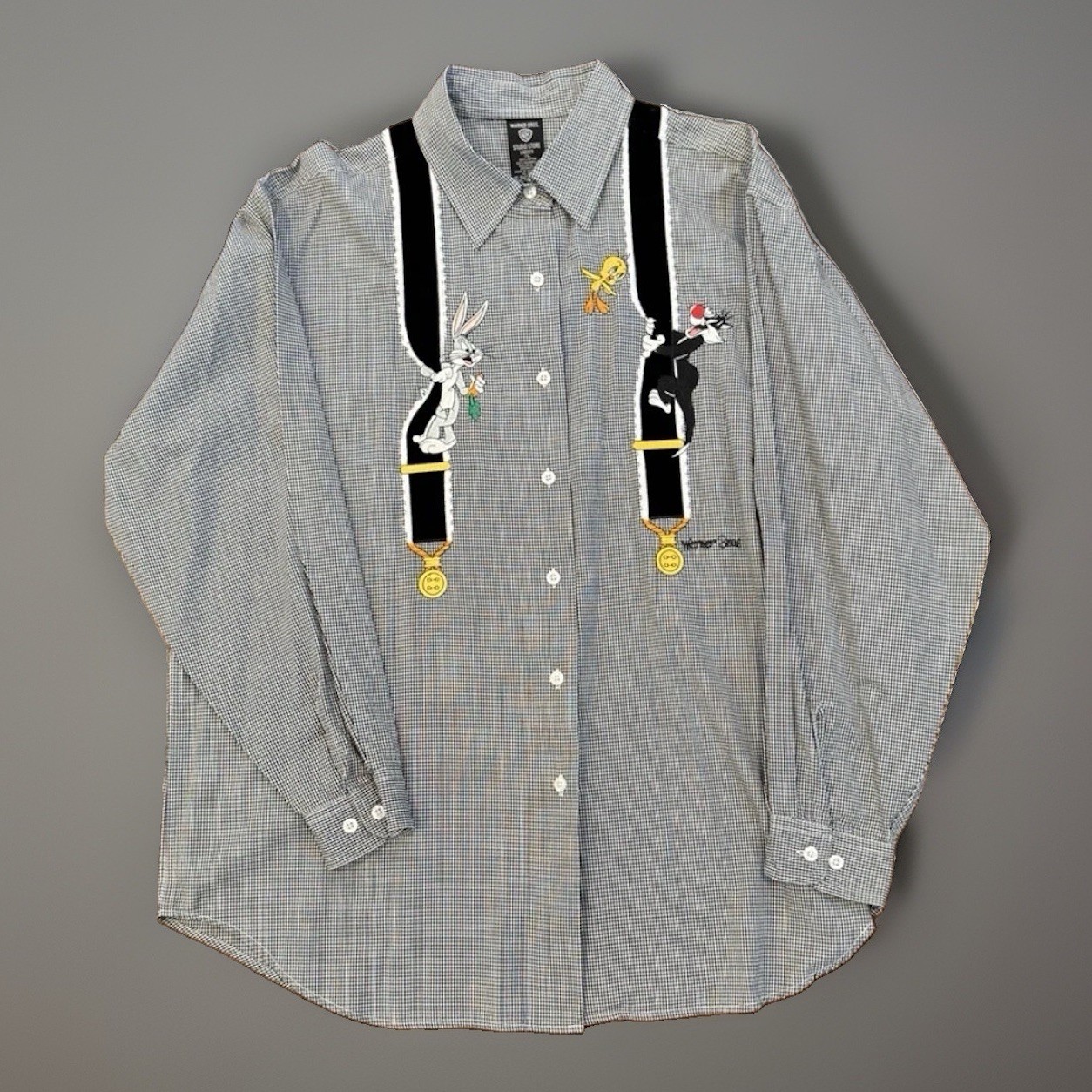 Vintage 1997 Warner Bros. Looney Tunes Embroidered Gingham Suspender Shirt XL