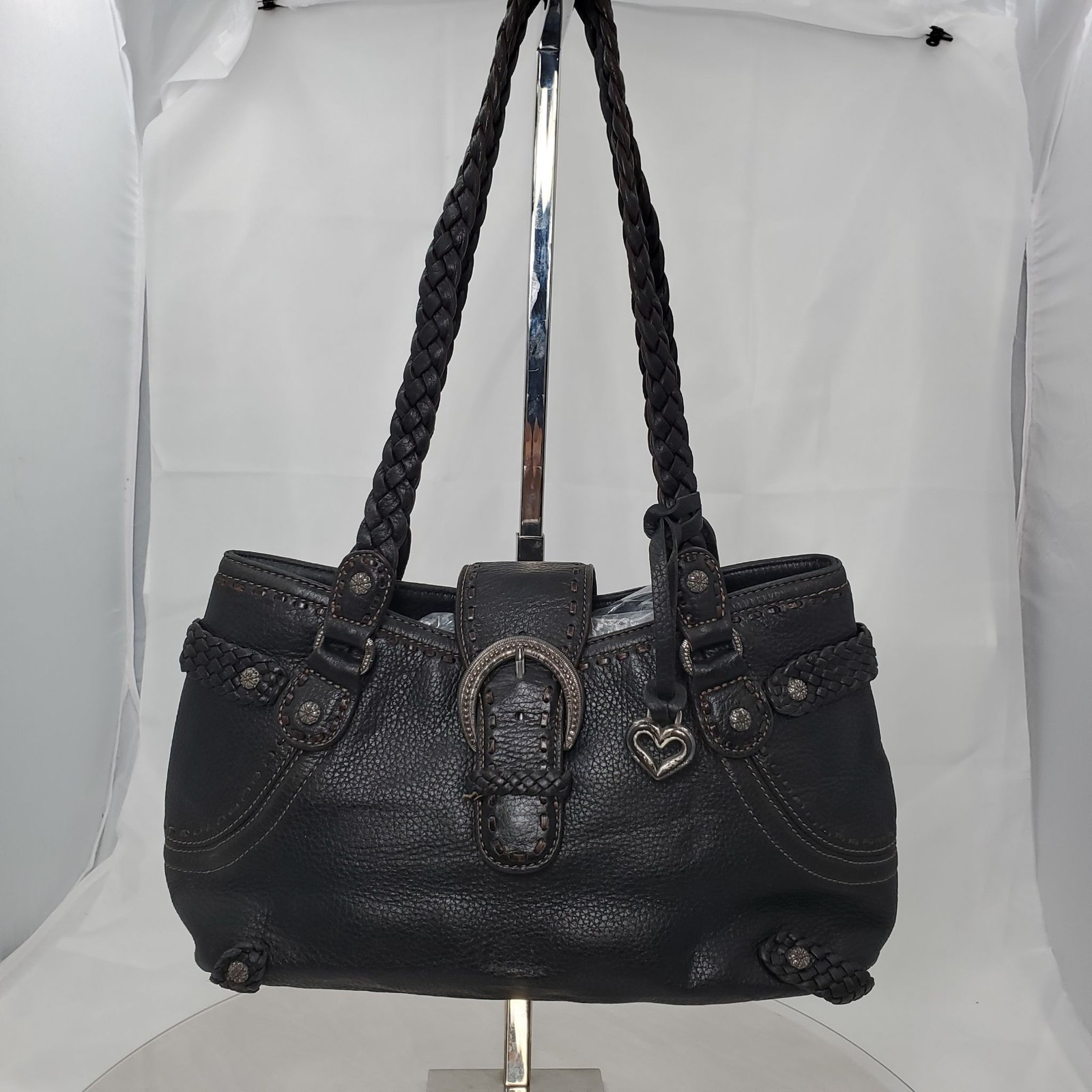 Vintage Y2K Brighton Black Leather Western Shoulder Bag Braid Buckle Heart Boho