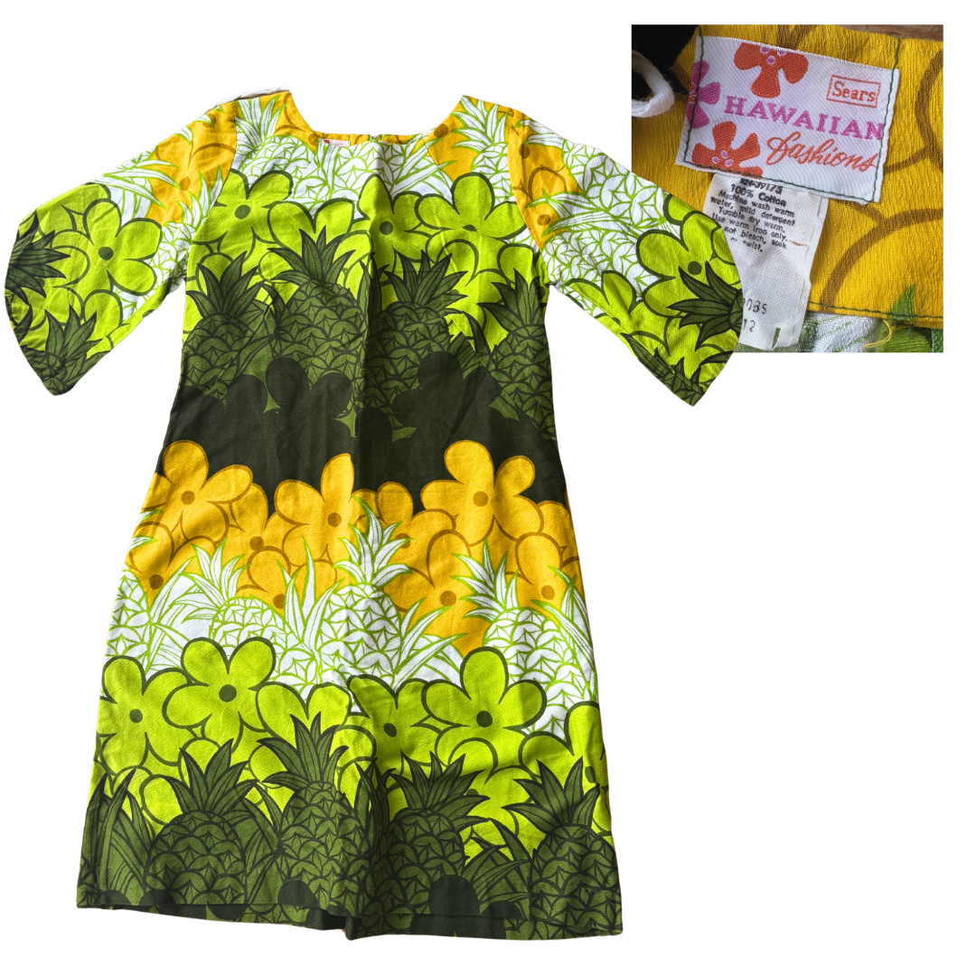 VTS 70s 60s Sears Hawaiian Fashions Dress Neon Pineapple Psychedelic Mod Tiki