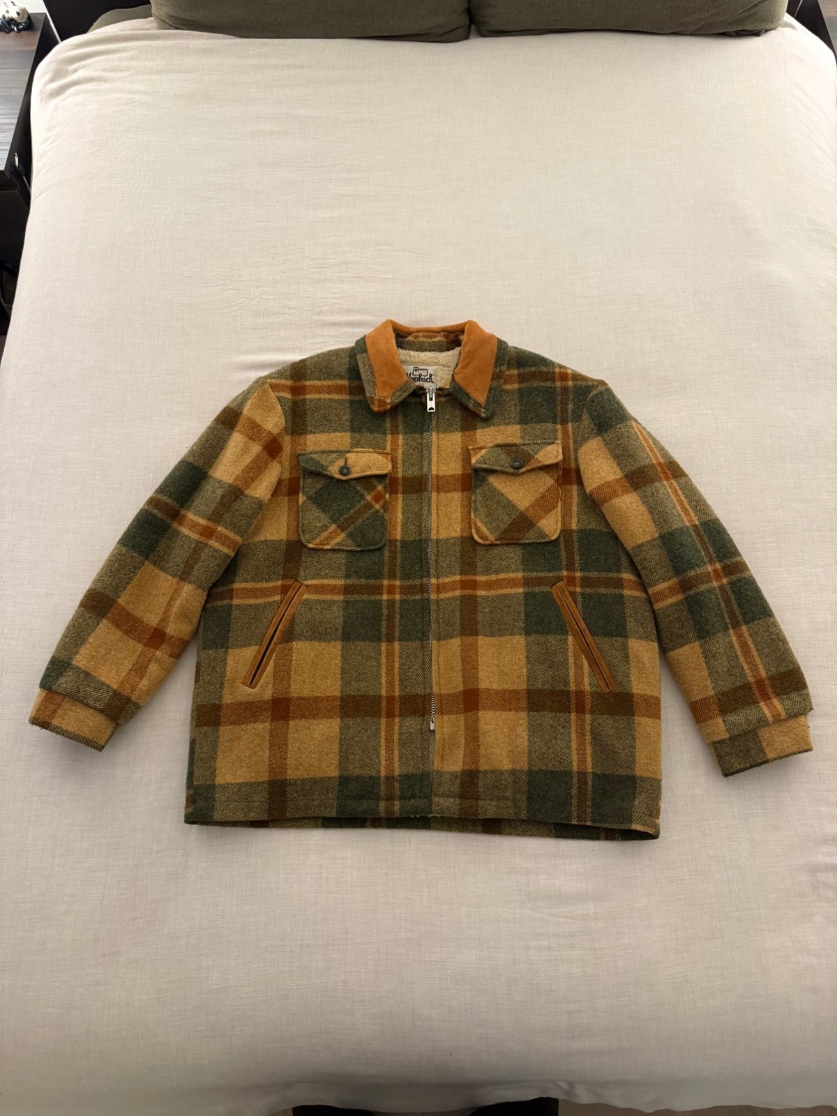Vintage Woolrich Wool Jacket XL Sherpa Lined Plaid Talon Zip Suede Collar 70s