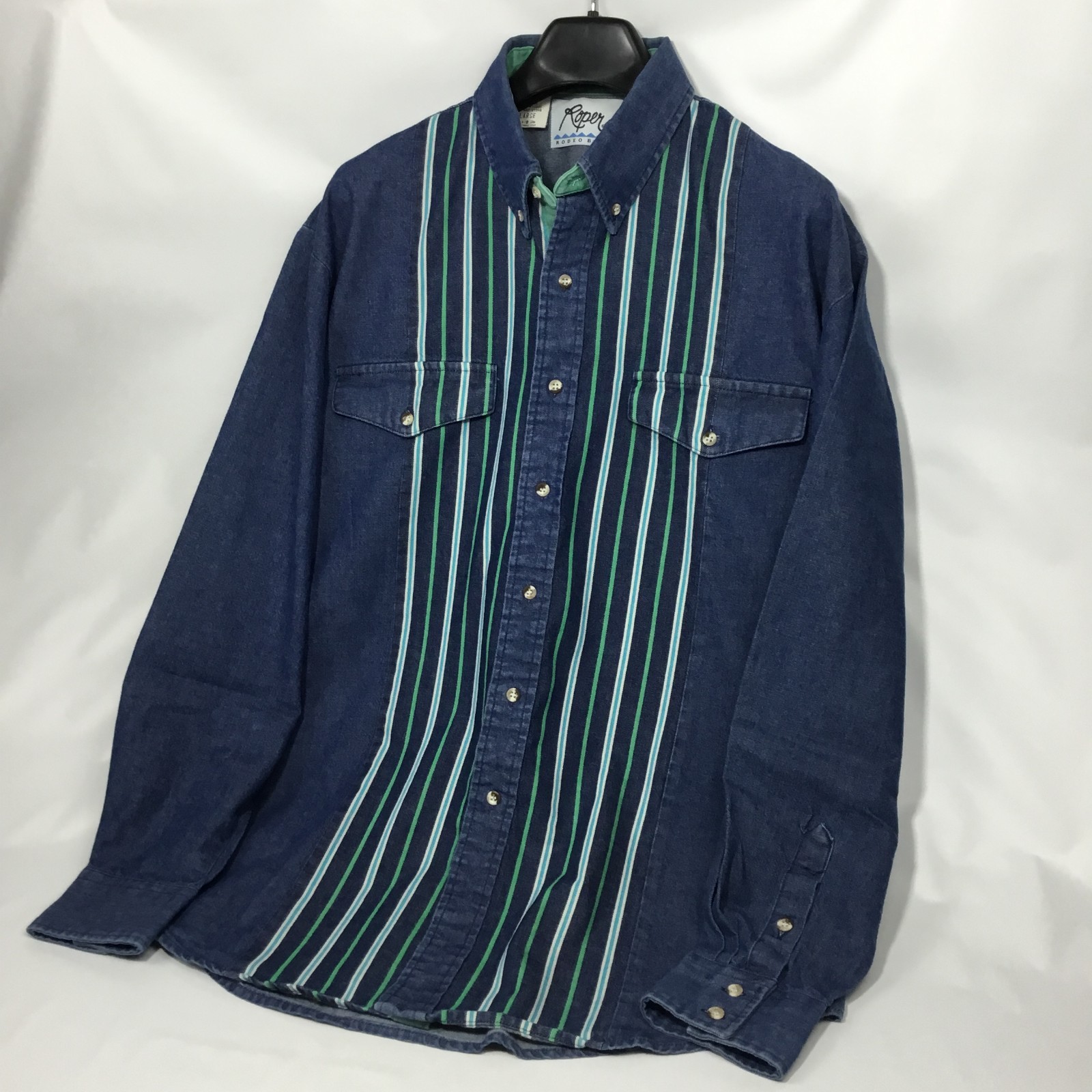 Vintage Roper Rodeo Blue Mens Western Shirt Large Denim Long Sleeve Made USA