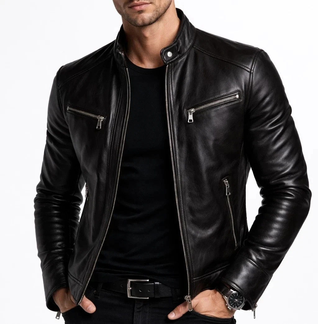 Men\'s Black Genuine Leather Jacket Cafe Racer Motorcycle Biker Slim Fit Zip Coat