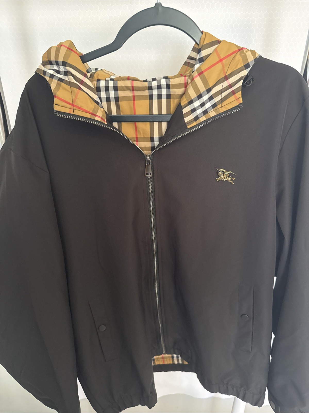 BURBERRY BlackRain Windbreaker Coat Jacket Check Lining Hood XL