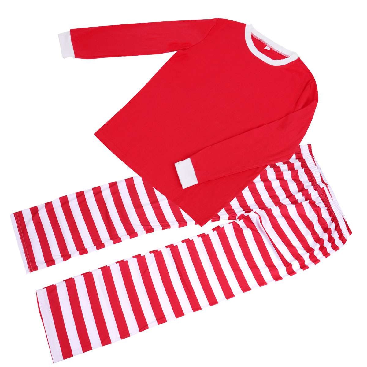 Family Matching Christmas Pajamas Set Red Top & Striped Pants Holiday Sleepwear