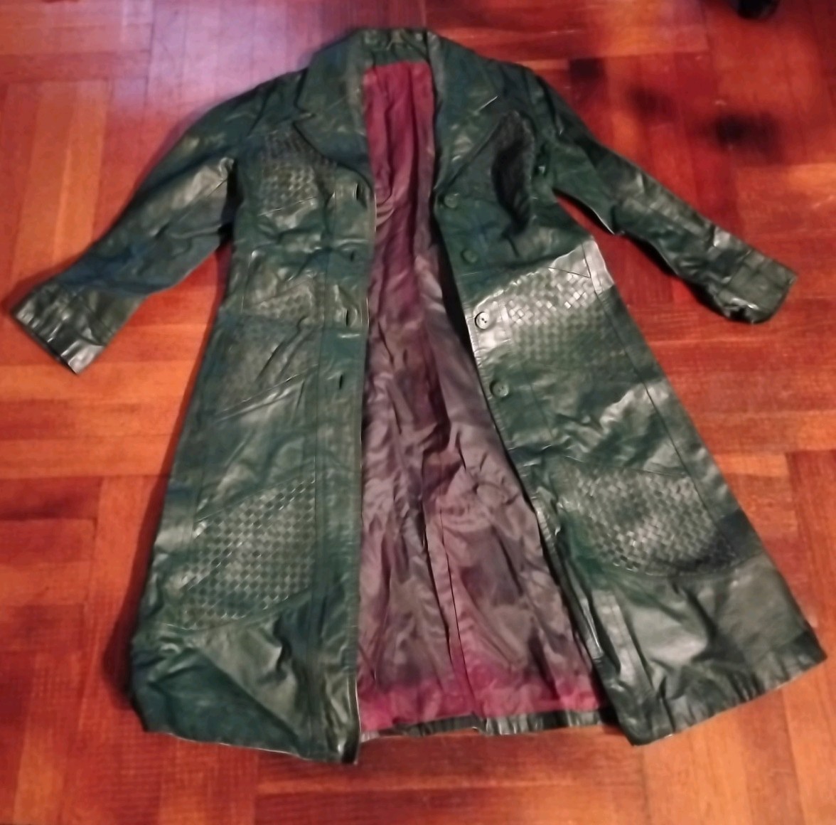Vintage 1970s 100% Leather Trench Coat Size 12 Green Debenhams Trench Coat
