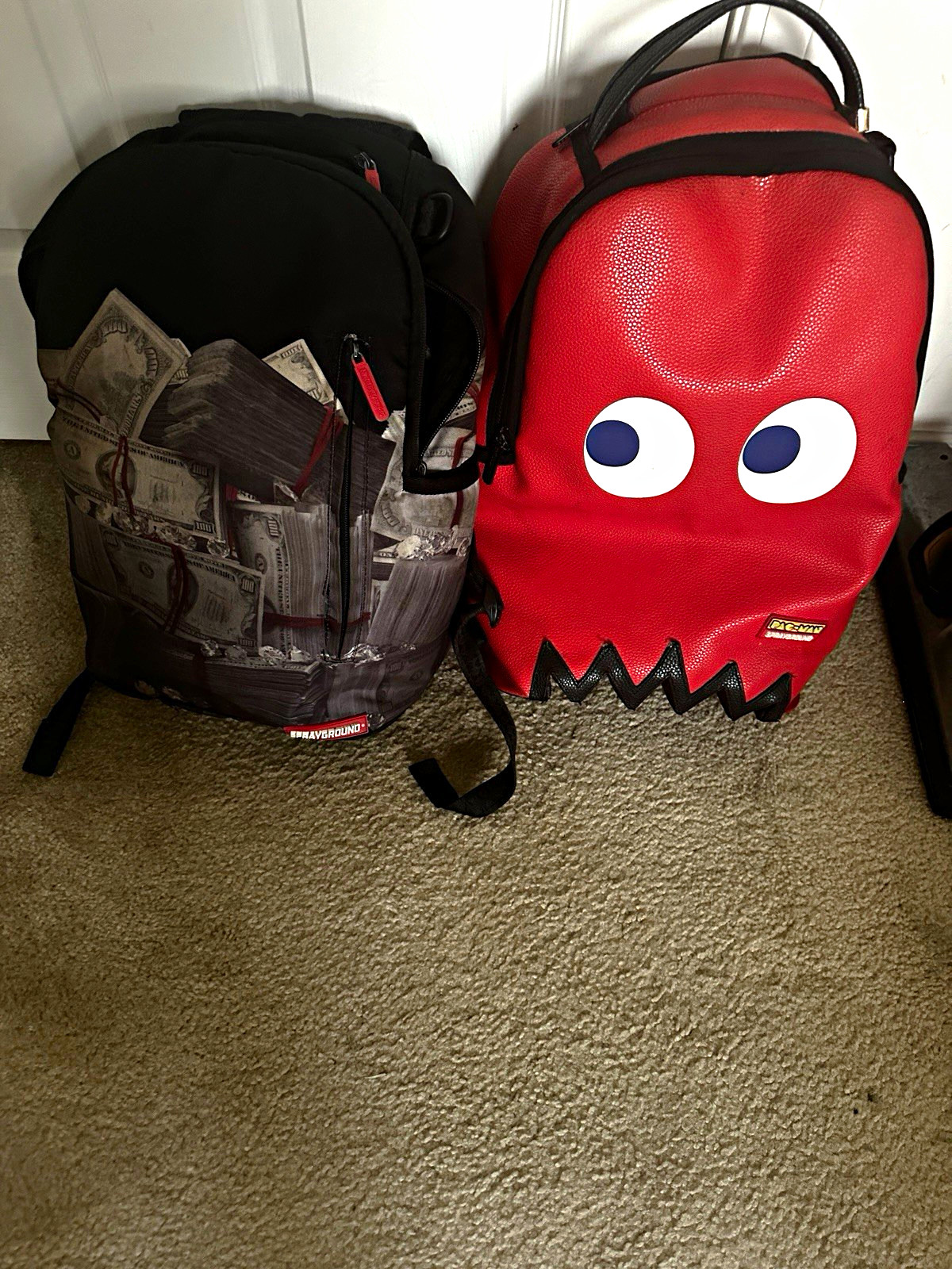 Sprayground Leather Backpacks Black Money Print & Red Pac-Man Ghost
