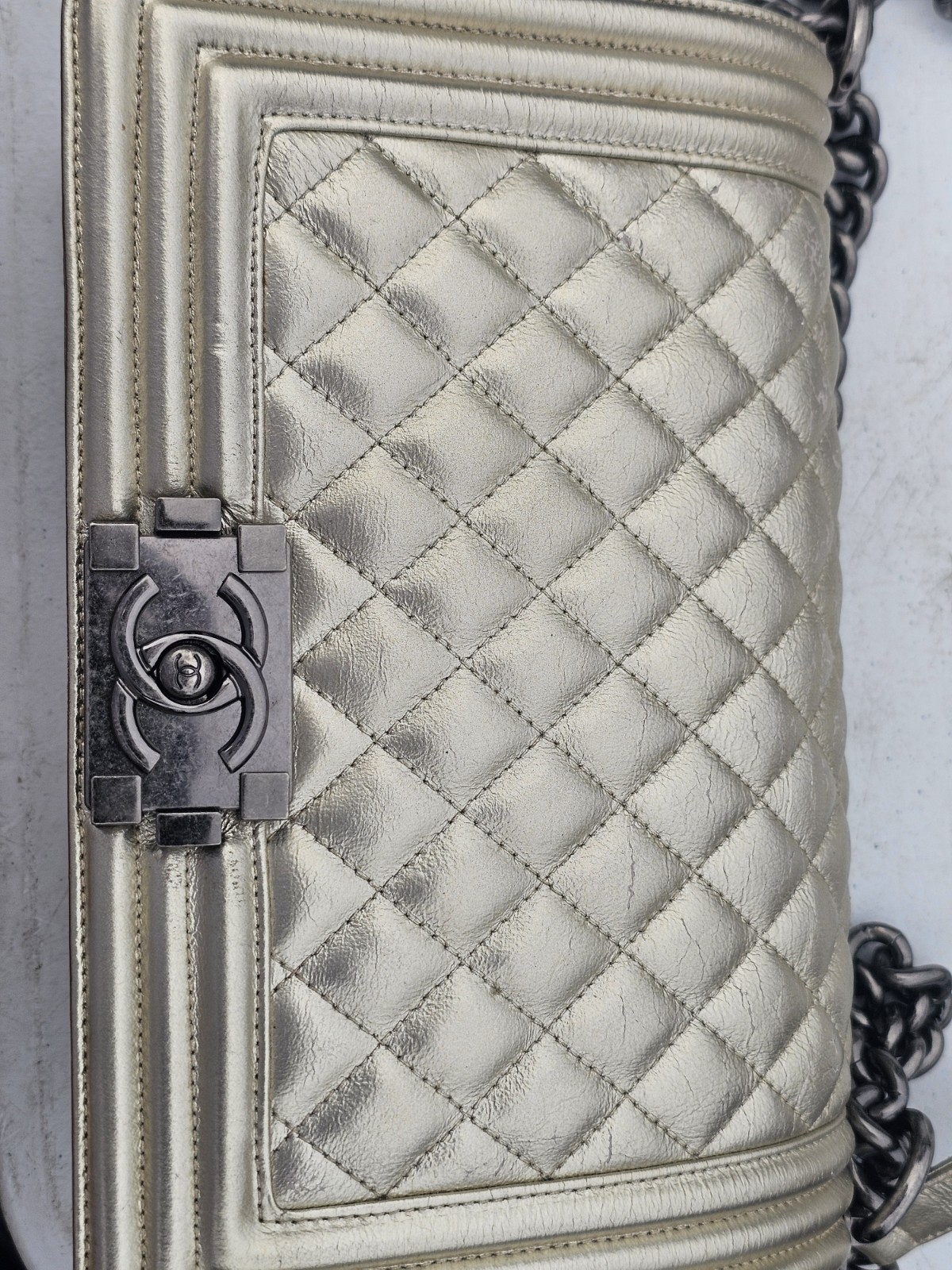 Chanel Old Medium Boy Flap Silver Metallic Gray Lambskin Quilted Handbag Bag