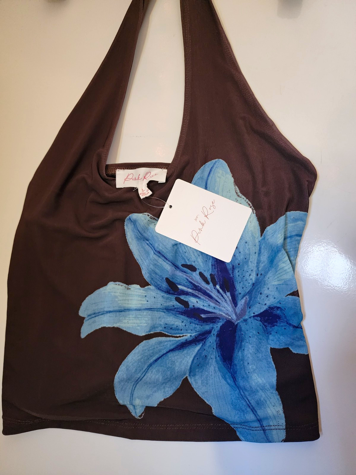 NWT Pink Rose Brown Halter Top Large Blue Floral Graphic Print Shirt Women L