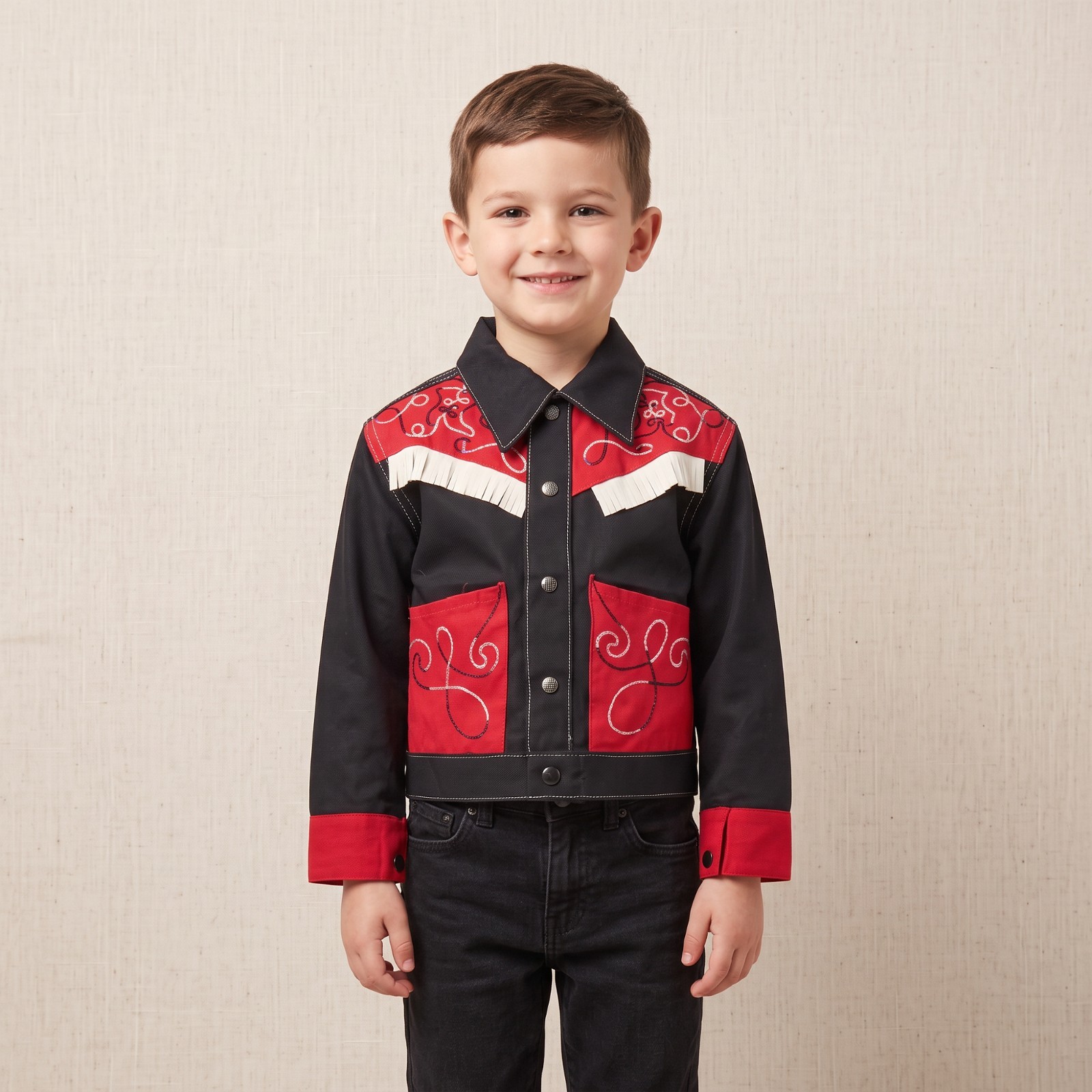Vintage 1970s Boys Western Jacket Black Red Embroidered Fringe Cowboy Size 6