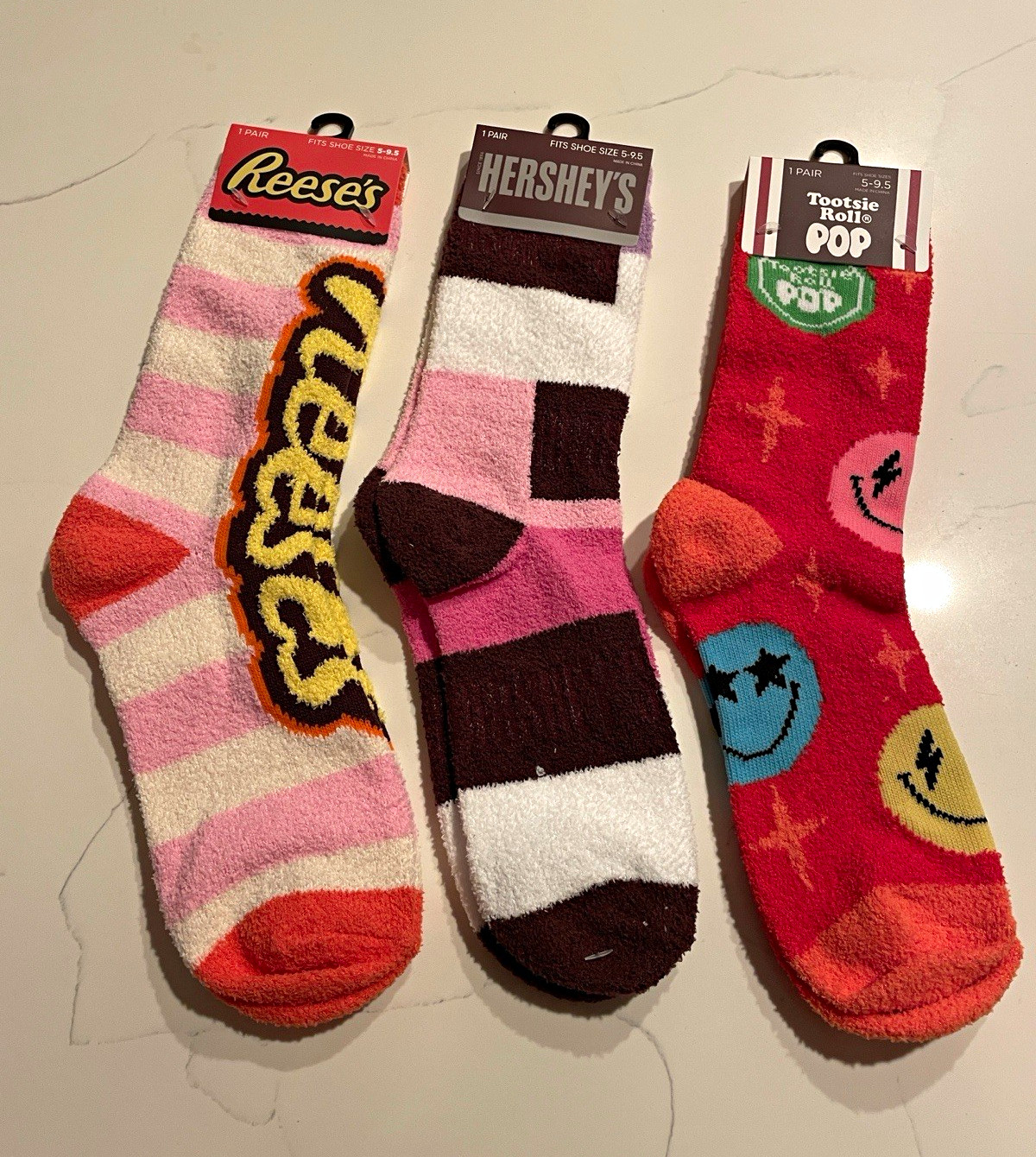 Candy Fuzzy Socks 3 Pack Hershey Reese\'s Tootsie Roll Pop Novelty Crew Gift NEW