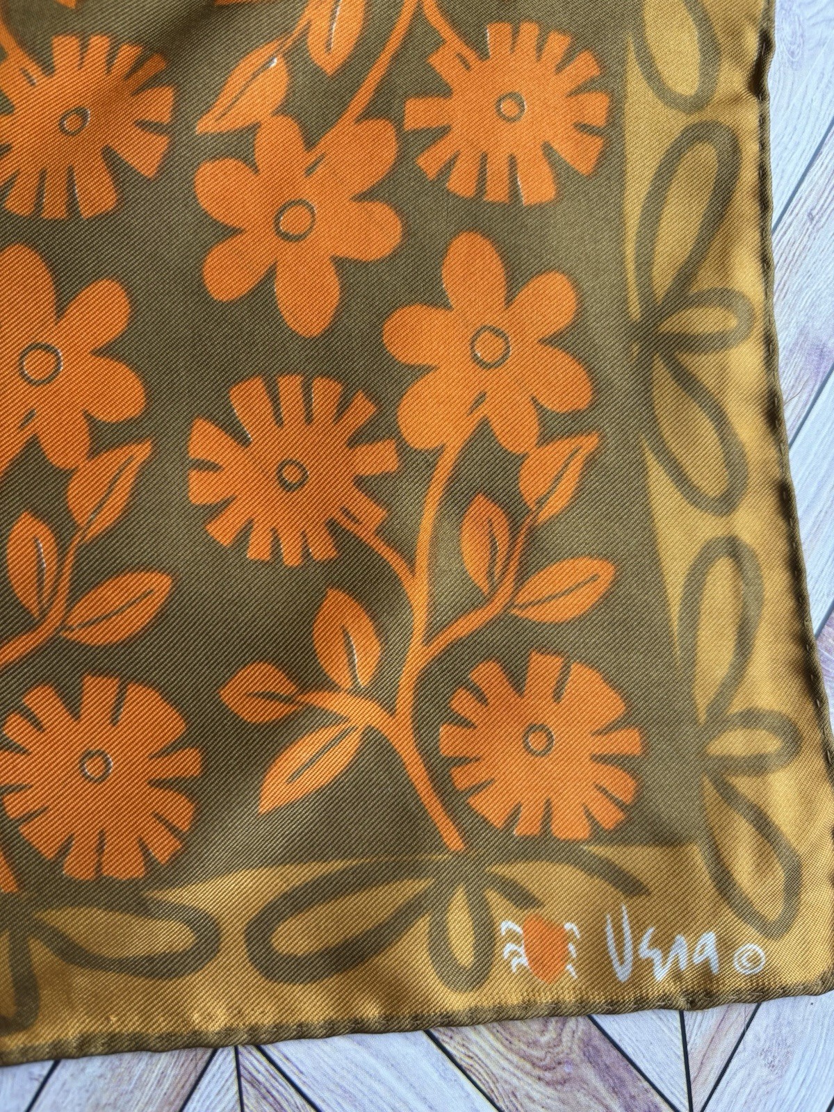 Vintage Vera Square Silk Scarf Brown Orange Gold Green Mod Floral Flower