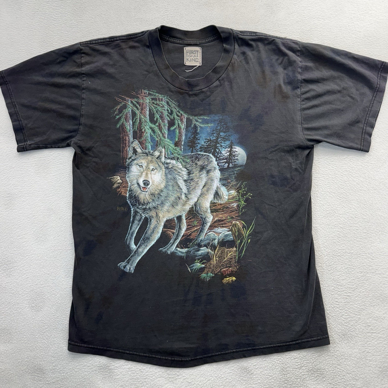 Vintage Wild Wear Wolf Moon Graphic Print Shirt Black L 1990’s Tie Dye Unisex