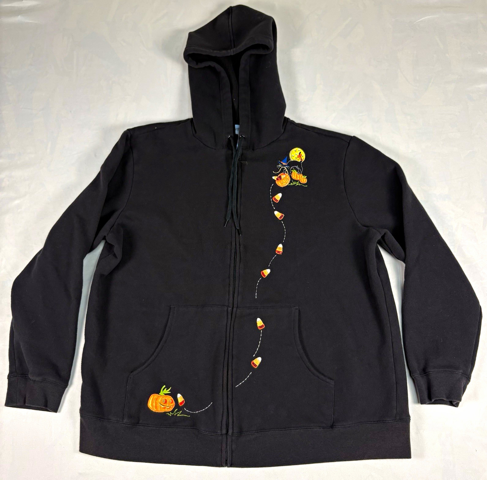 Classic Elements Woman Halloween Hoodie 1X 16/18W Black Cat Candy Corn Pumpkin
