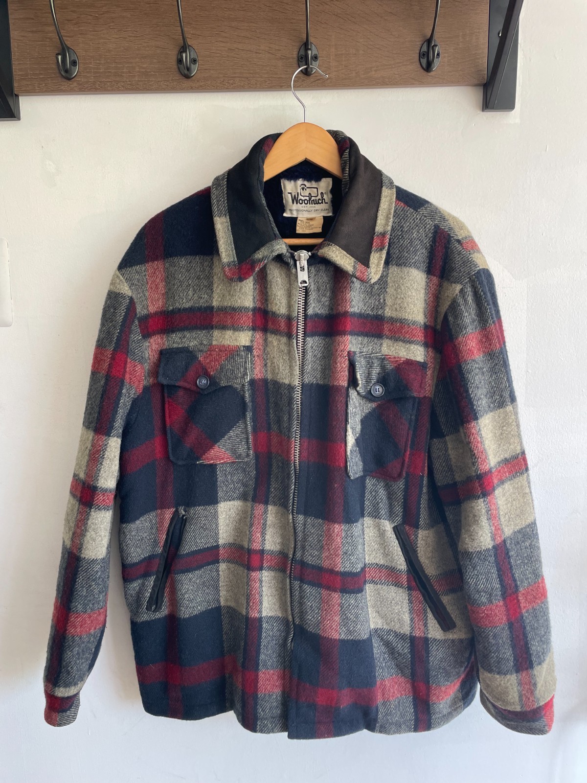 Vintage 70s Woolrich Sherpa Lined Wool Jacket Talon Zip Plaid Coat Mens XL