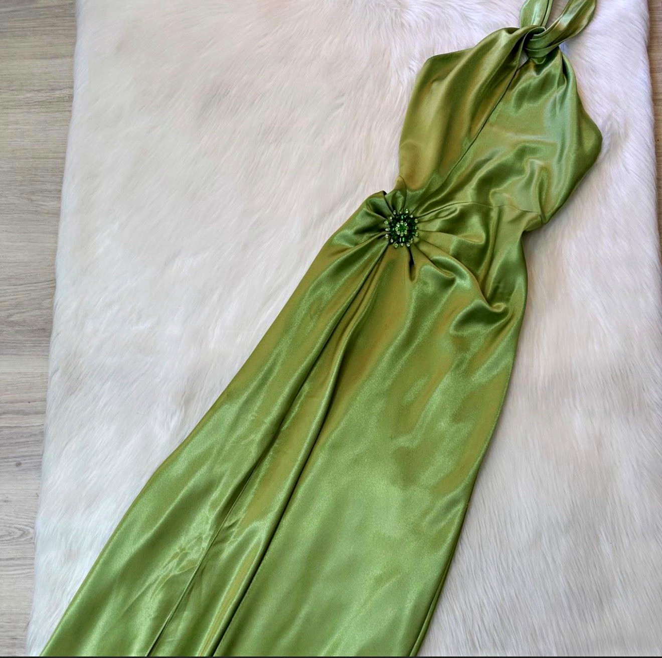 ASPEED Vintage Y2K Green Satin Halter Maxi Dress Jeweled Waist Slit XS