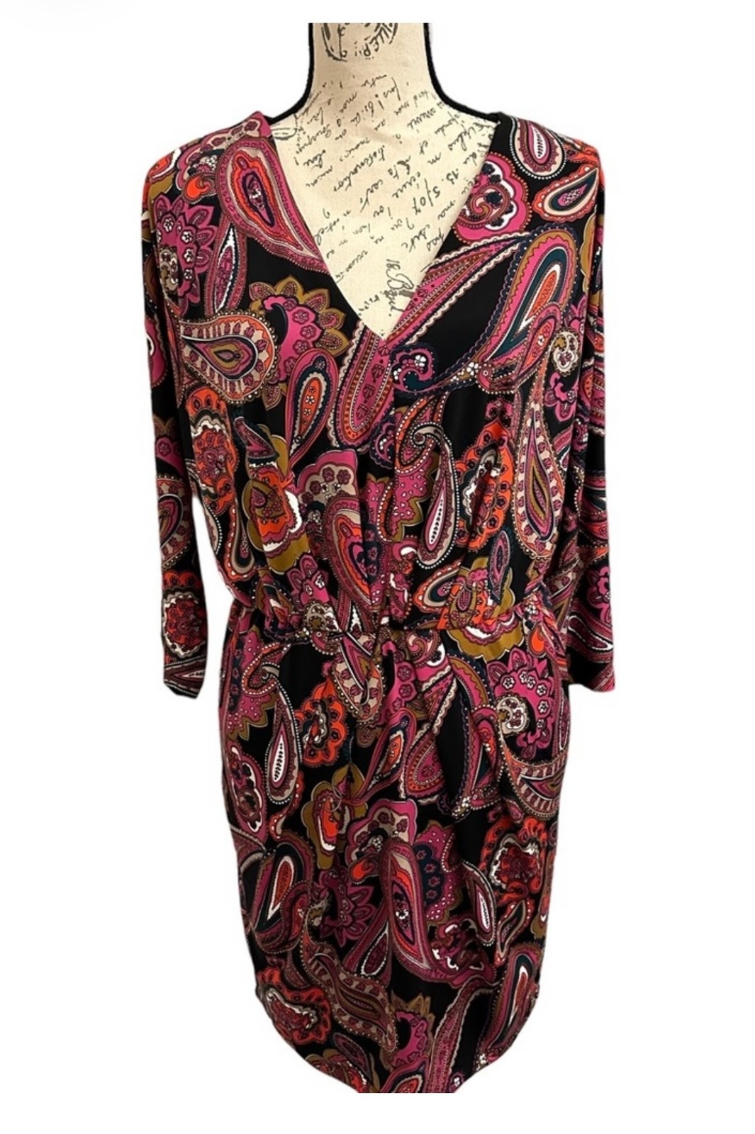 NWT Trina Turk Paisley Dress Medium V-Neck 3/4 Sleeve Blouson Stretch Mini $198
