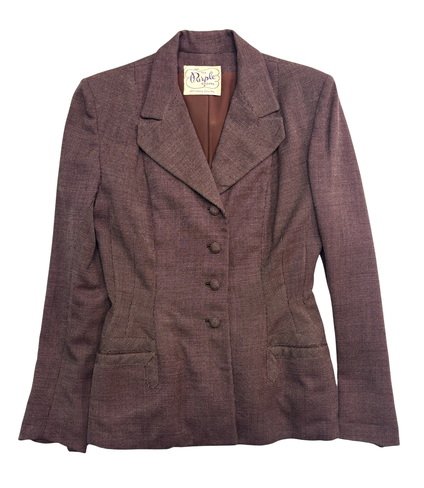 vtg 1940s Womens Small 6 Brown Birdseye Tweed Peplum Tailored Jacket Blazer