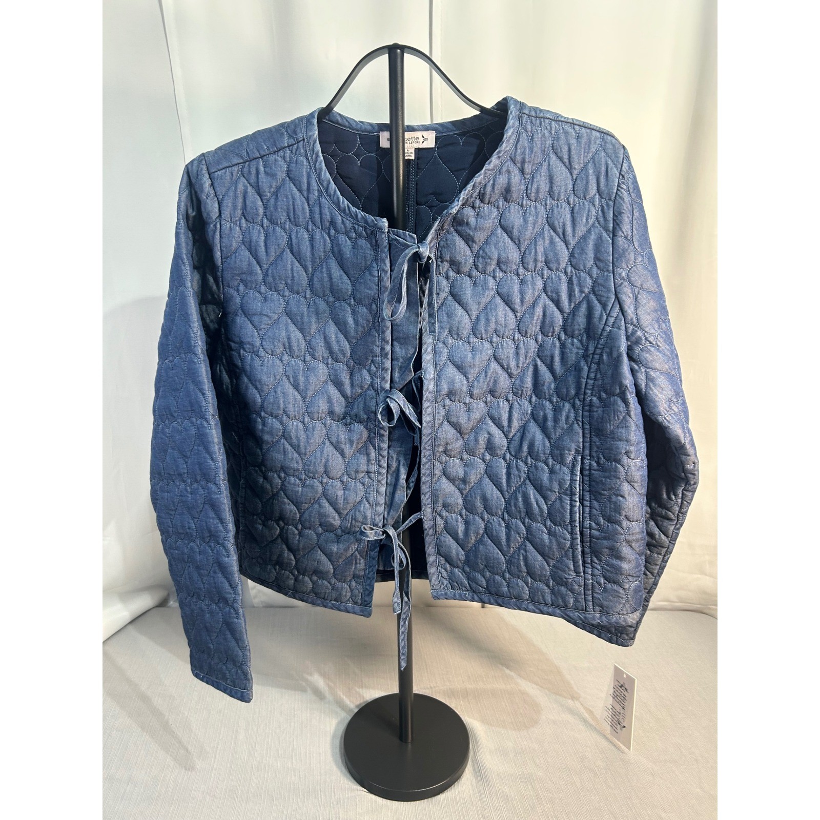 New Nanette Lepore Heart Quilted Denim Tie Front Jacket Medium Wash Size L